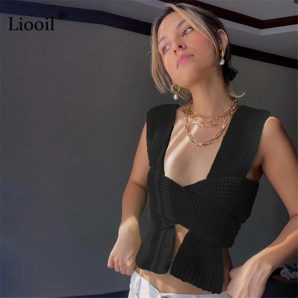 Liooil Sexy Bodycon Curativo Branco Da Parte Superior Do Tanque, Para Mulheres Do Verão Sem Mangas Bustiers Espartilhos Apertados Cruz Crop Tops Streetwear 2021