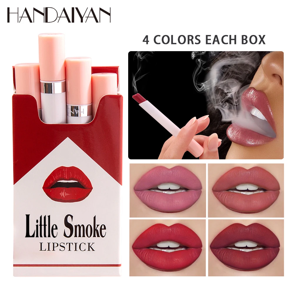 4 Cores/caixa Pouco de Cigarro Batom Kit Lábios de Maquiagem Conjunto de Nudez de Veludo batom Lápis Semi Fosco de Textura, Tonalidade de batom