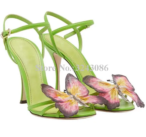 Nova Borboleta Decoração De Cor Verde Mulher Sandálias Sapatos De Design De Moda Finas De Calcanhar Senhora De Vestido Sandálias Feminino Sexy Banquete Sapatos
