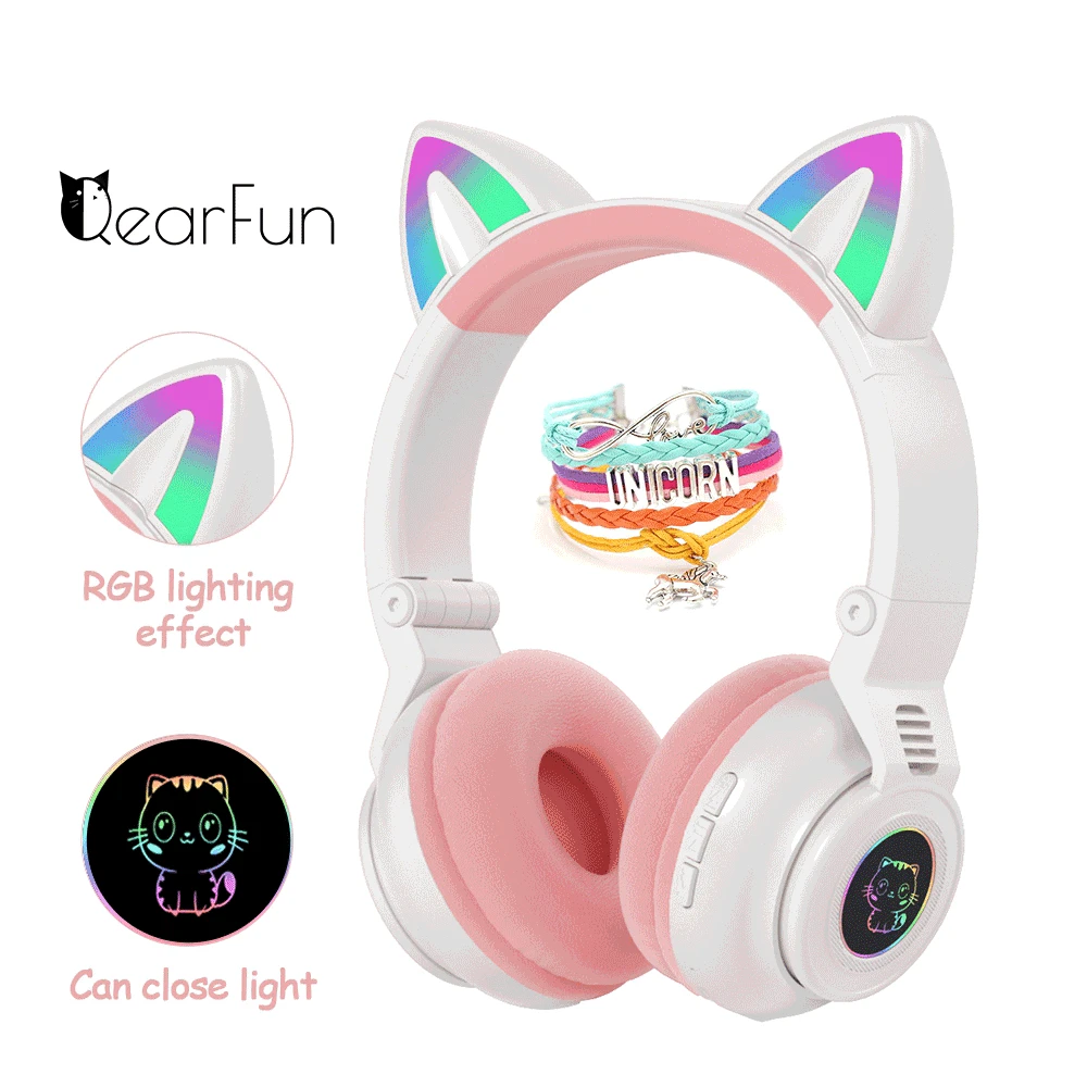 Gato bonito Fones de ouvido sem Fio Com Microfone, cor-de-Rosa Meninas LED Telefone Gamer Fones de ouvido Bluetooth Jogos de Crianças de Música para Crianças Fones de ouvido Presente