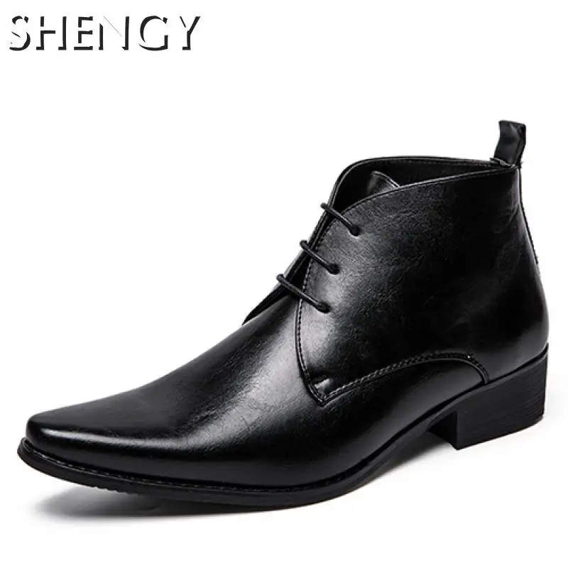 Homens de Negócios Vestido Ankle Boots 2020 Outono Lace-Up Dedo Apontado Cor Sólida Homens Sapatos de Casamento Costura Casual Sapatos para Homens