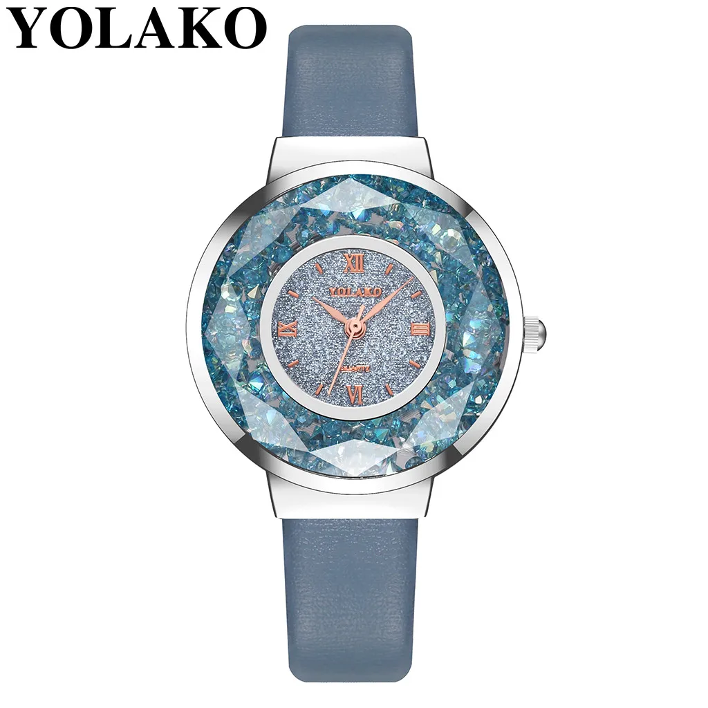YOLAKO Marca Mulheres de Couro Mover Diamante Relógio de Luxo Senhoras Quartzo, cristal de rocha Relógios Relógio Reloj Mujer Relógio Feminino