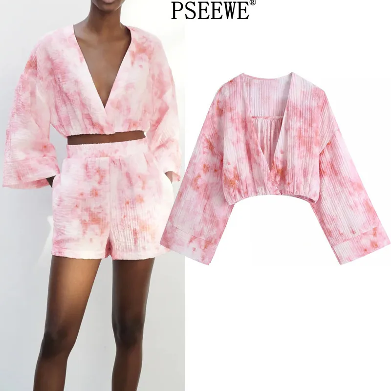 PSEEWE Mulheres Blusa 2021 Za-de-Rosa Tie Dye Crop Top da Moda Feminina Envoltório Long Sleeve Top de Verão Bainha Elástica Chique Mulher Blusa