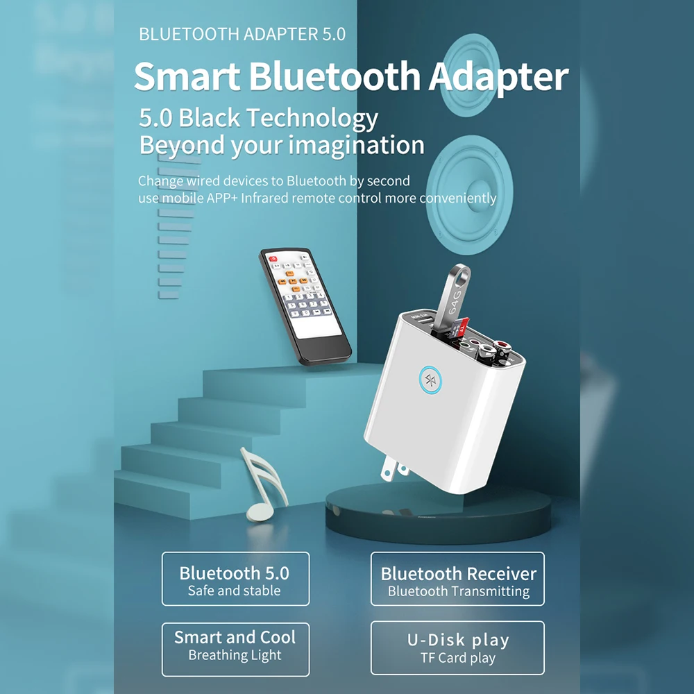 Bluetooth 5.0 Música Receptor de Áudio Adaptador de Transmissor para Casa, Aparelhagem hi-fi, alto-Falante Rápida do Carregador de USB Aux Rac Disco de U TF Leitor de Plug