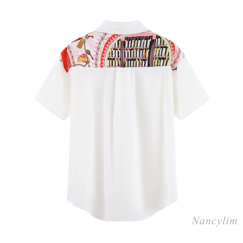 Impresso Lenço de Costura Ligada Camisa de Manga Curta para as Mulheres 2021 Verão coreano Estilo Solto Blusa Branca Senhora, Blusas Mujer