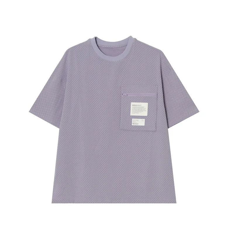 Primavera produto novo estilo coreano solta cor sólida bolso de zíper personalidade em torno do pescoço T-shirt dos homens M1-N-8103