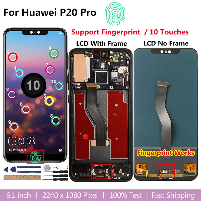 Display Para Huawei P20 Pro LCD de 10 Toques Tela de Substituição de Suporte de impressão digital Para Huawei P20 P 20 Pro CLT-L09 L29 L04 AL01