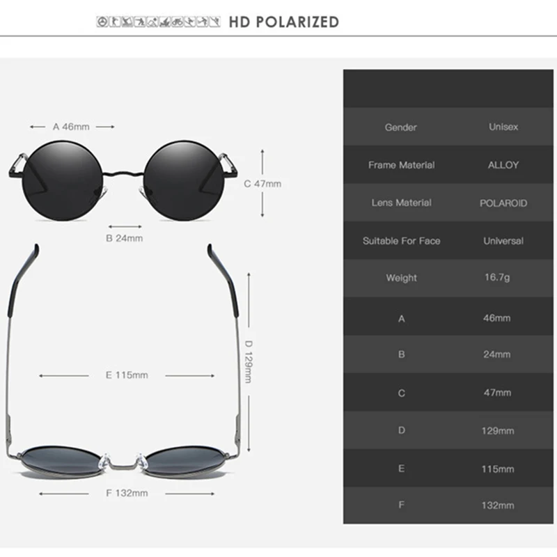Moda Metalizado Polarizada Óculos Redondos Mens Mulher de John Lennon, Óculos Vintage Retro Arma de Metal Óculos de sol gafas de sol
