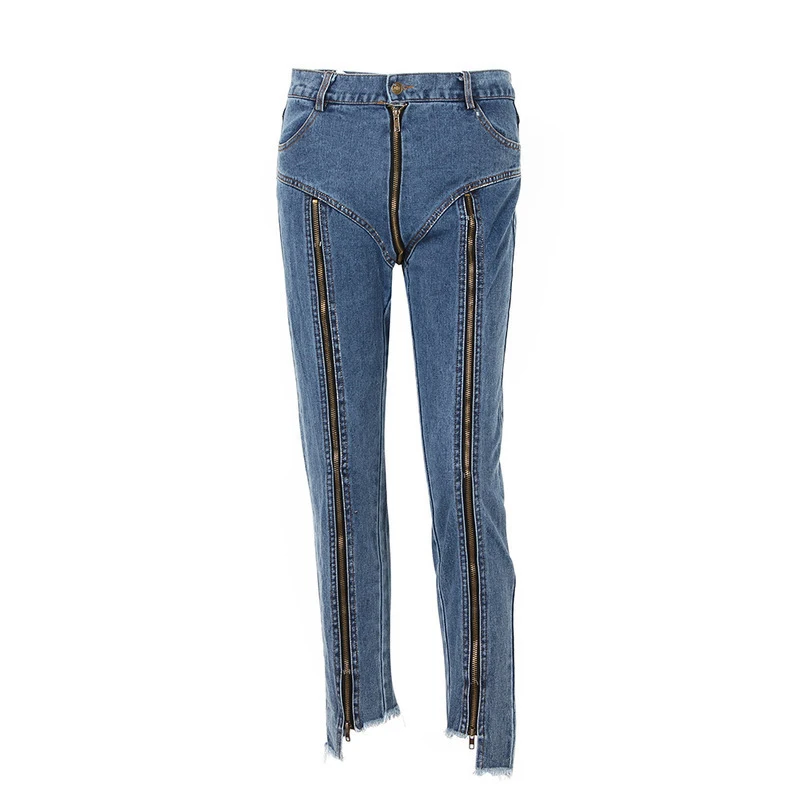 VGH Casual Patchwork Zíper do Jeans Para Mulheres de Cintura Alta Irregular Bater Cor Streetwear Lápis Calças Jeans Feminino Moda de Nova 2021