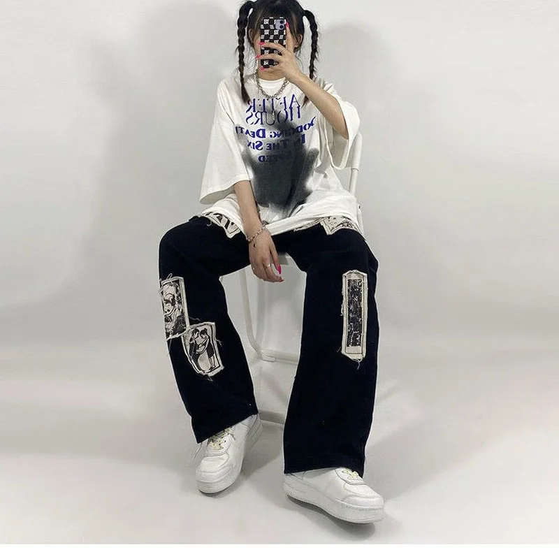 HOUZHOU de Grunge, Punk Patchwork Jeans Preta Mulheres Hip Hop e Streetwear Impressão Oversize de Perna Larga Calças anos 90 Moda Vintage Calças