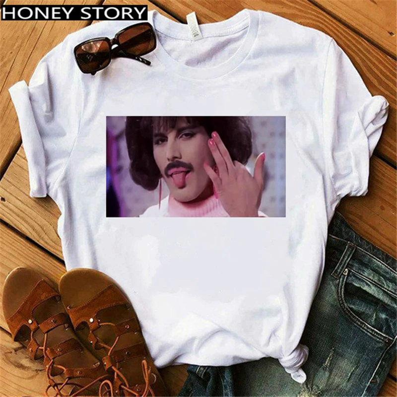 Mulheres Harajuku Freddie Rainha de Impressão de T-Shirt Freddie Mercury Fashion T-shirt Feminina de Hip Hop, rock Vintage Engraçado Tees Tshirt Roupas