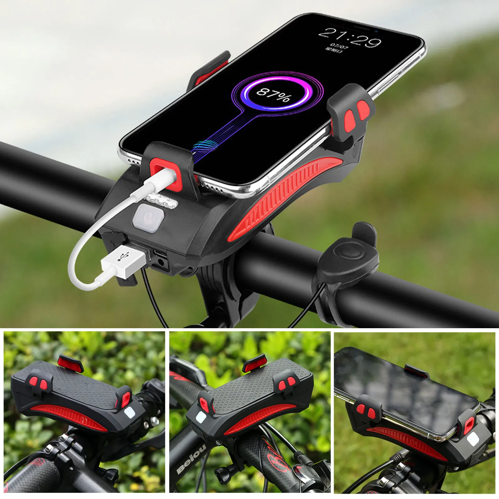 4 Em 1 Bicicleta Farol de Moto Luz Frontal Com Chifre de Telefone de Suporte Impermeável MTB USB Luz de Carga Para Bicicleta de Ciclismo Acessórios