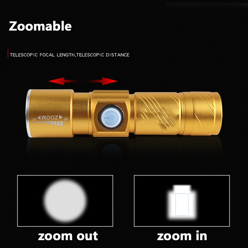 Ultra Brilhante, Poderoso Portátil Mini Lanterna de LED Recarregável USB Tocha de Luz do Flash de Moto de Bolso Zoomable Lâmpada Construído na Bateria