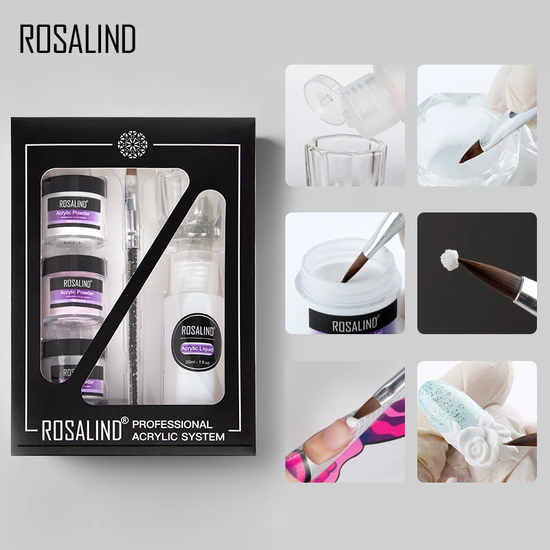 ROSALIND Acrílico Nail Kit de Nail Art de Cristal em Pó Para a Manicure Prego 3D Construtor de extensões de Conjunto de UV/LED Pó Acrílico Conjunto de ferramentas