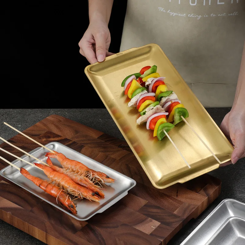 Engrossado 304 De Aço Inoxidável Chapa De Churrasco Coreano Sushi Placas De Televisão Que Serve Pratos De Bolo Retangular Bandeja