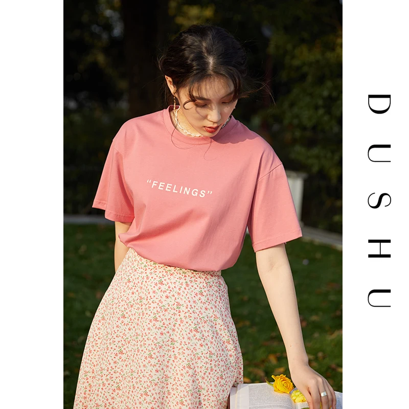 DUSHU Senhoras Mulheres de Seda de Manga Curta em torno do Pescoço T-shirt de Verão 2021 Nova cor-de-Rosa Letras Simples Tops Para as Mulheres