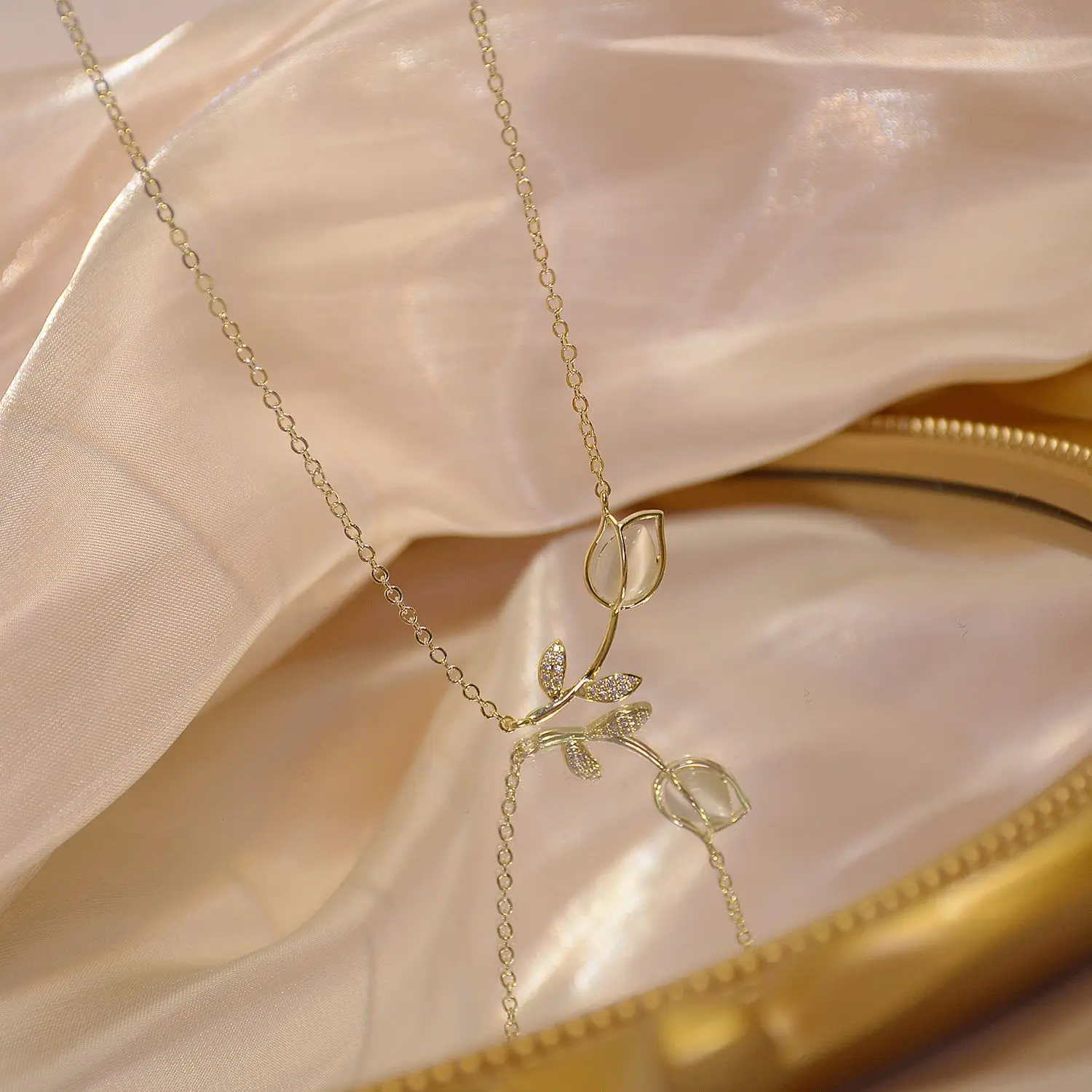 14k Real, Banhado a Ouro Jóias de Opala Rosa Flor Pingente Requintado Micro-embutidos Zircão Clavícula Cadeia de Colares para Mulher