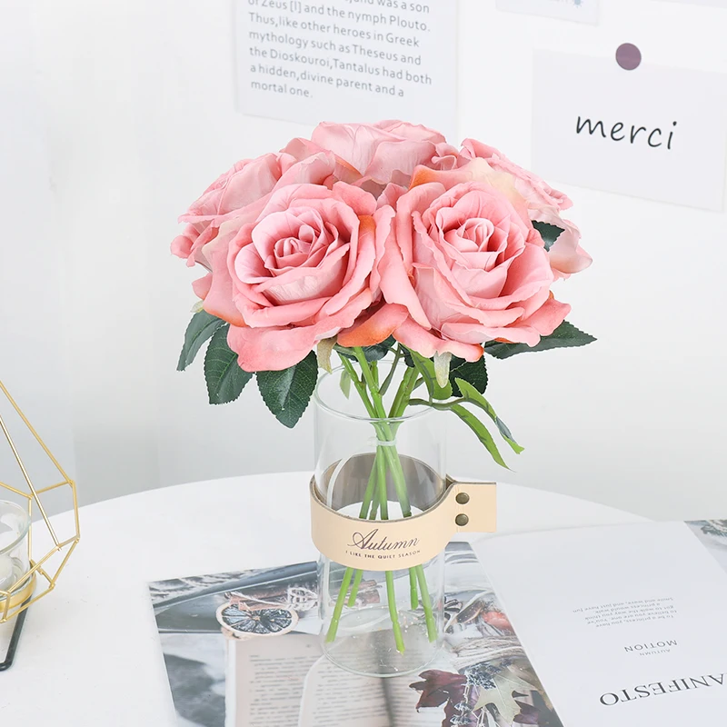 3pcs Flor Artificial de Alta Qualidade Verdadeiro Toque de Flanela Rosa do Buquê Studio Casa de Casamento de Outono Decoração Falso Flor DIY Coroa de flores