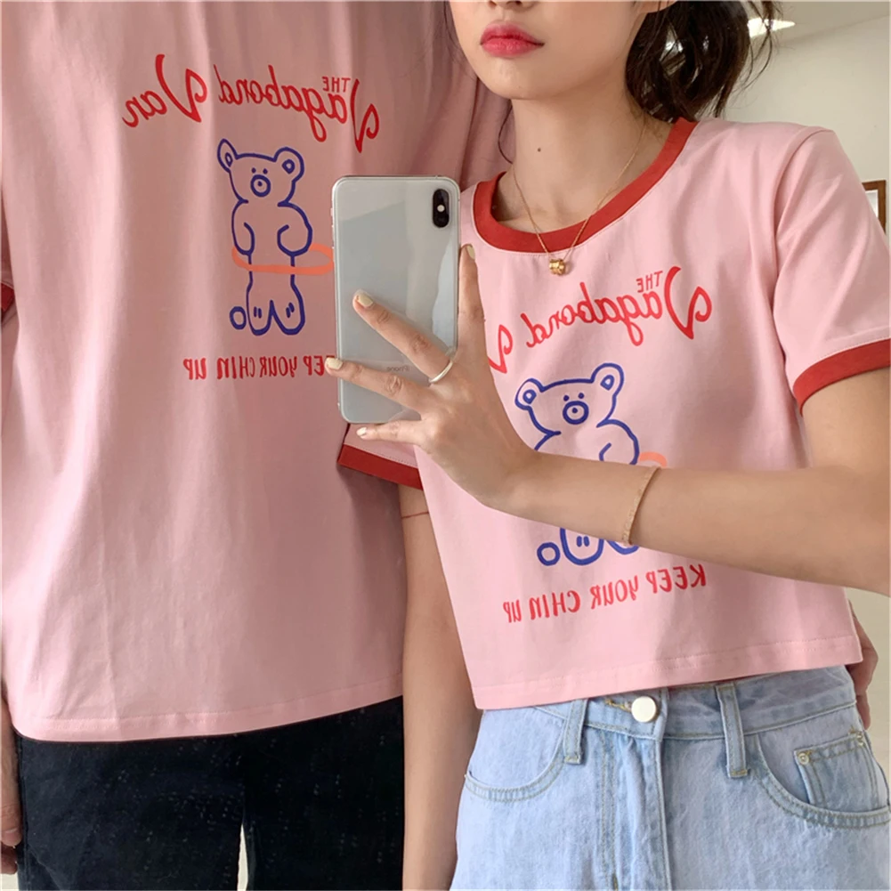 Verão urso de impressão cor-de-rosa crop top mulheres coreano vintage harajuku t-shirt solto e casual mulheres street wear roupas pretas conhaque tops