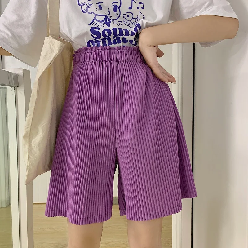 2021 Harajuku Verão Sólido Nova Shorts Da Moda Elasticidade Plissada Estilo Solto Calças Curtas Grande Perna De Calça Com Shorts De Cintura Alta