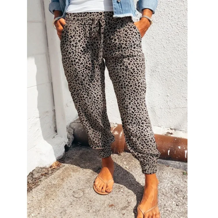 Europeus e Americanos estampa de leopardo cordão elástico na cintura de calças de jogging casual calças