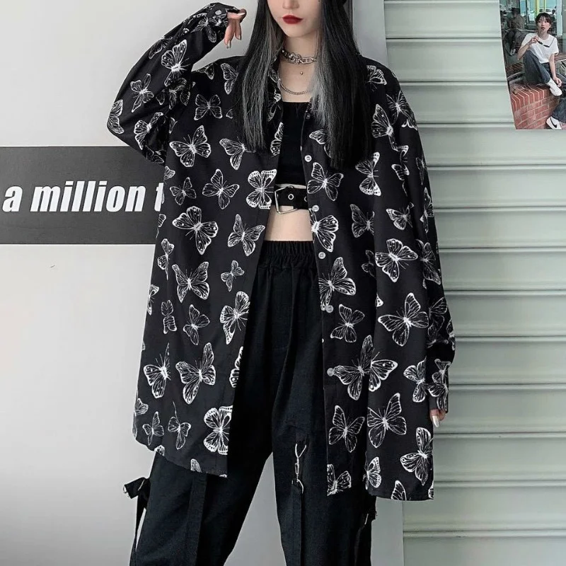 MINGLIUSILI Harajuku Impressão de Camisas para Mulheres coreano Estilo Vintage Botão de Camisa de Manga Longa Solta Streetwear Blusa Mulheres