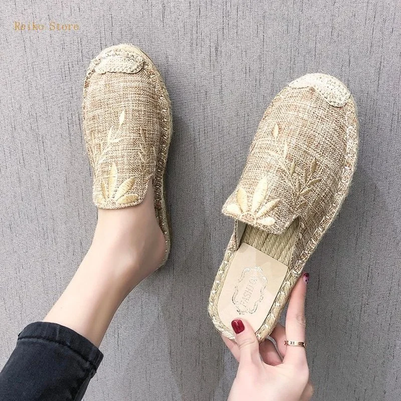 Pescador de Sapatos de Mulheres Chinelos de quarto Slip-on Bordado Sapatos femininos Ins Moda Semi-Chinelo Mulas Desgaste Exterior
