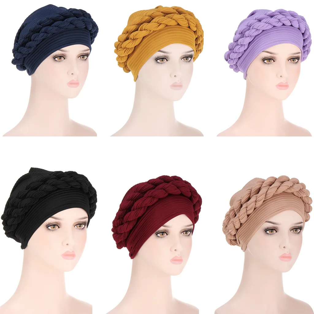 Tranças Turbante Hijab Para As Mulheres Elástico Com Nervuras Véu Muçulmano Chapéu Feminino Envoltórios De Cabeça Cap Islâmica Headwear Bonnet Quimio Chapéus