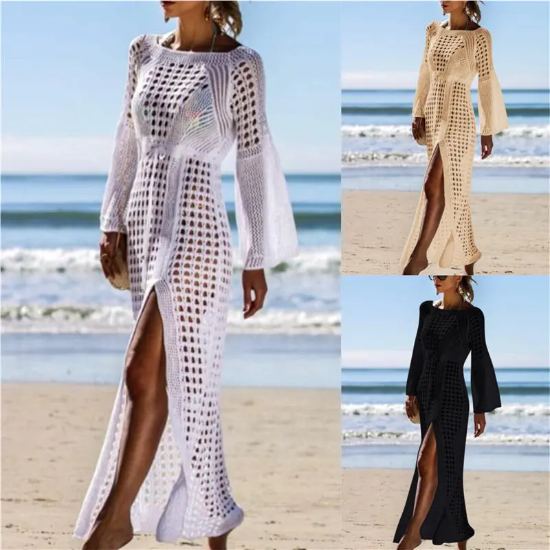 2021 Crochê Túnica Vestido de Praia Cover-ups das Mulheres do Verão moda praia Sexy Ocos de Malha Maiô Cobrir Robe de plage