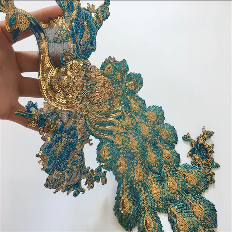 Coloridos, Lantejoulas Pena de Pavão Bordado Patches Costurar Ferro E Emblemas de Apliques Para Vestir Roupas Decoração DIY Ouro Azul