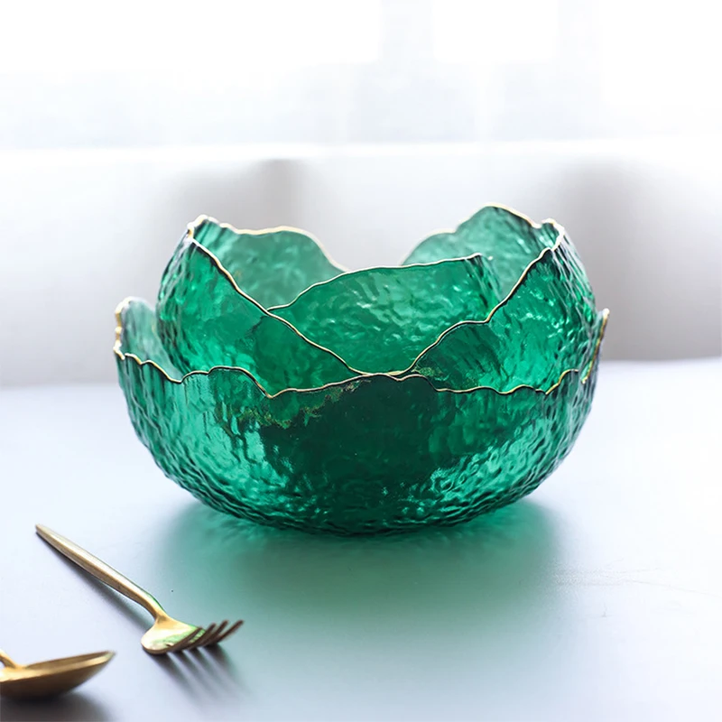 Criativo Esmeralda Irregular Tigela de Vidro Família Multi-funcional fruteira Tigela de Salada Pintado de Ouro Sobremesa, Bowl