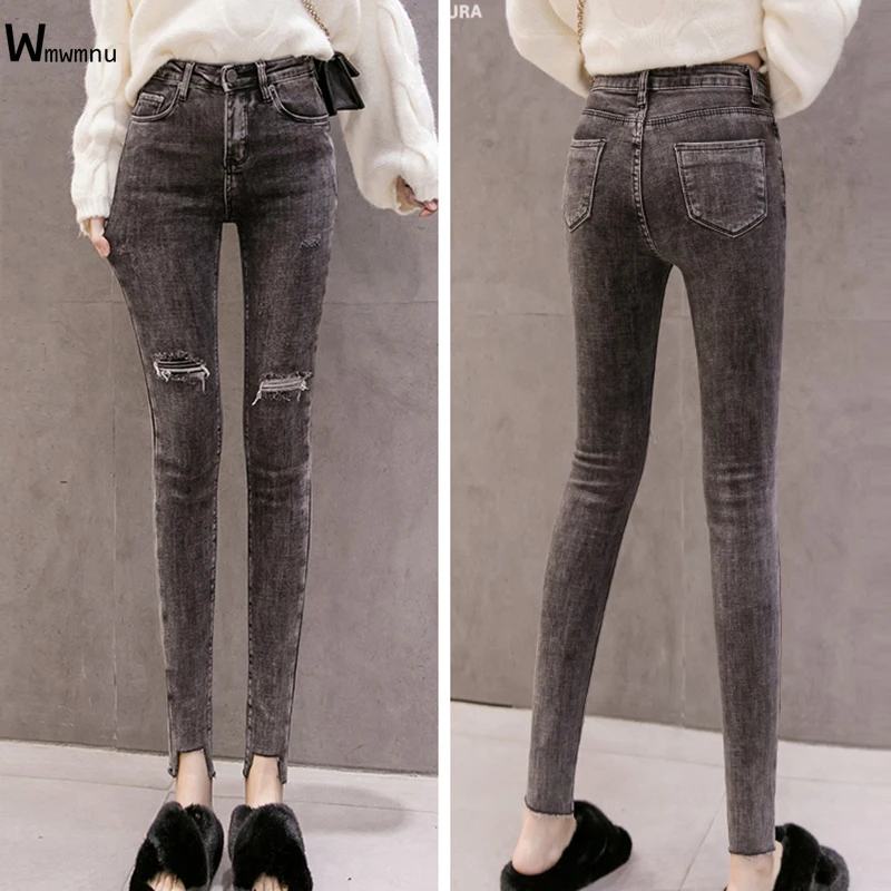 Estilo Coreano Primavera Magro Calças Jeans Vintage Streetwear Lápis, Calças Jeans Moda Skinny De Cintura Alta Jeans Rasgados Mulheres