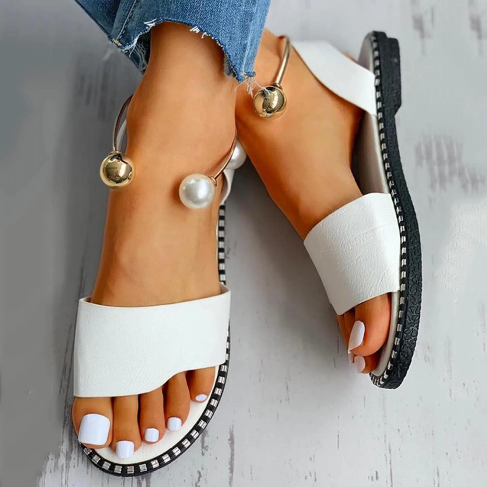 Sandálias das Mulheres da Moda Sólido Dedo do pé Redondo Pérola Fivela Causal Sandálias Sapatos 2021 de Verão ao ar livre antiderrapante