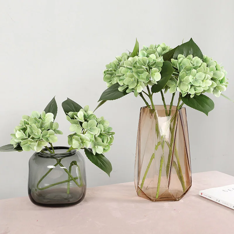 Luxo de impressão 3D hortênsia ramo com folhas verdes toque real flores artificiais mesa de casa de escritório de decoração de casamento flores