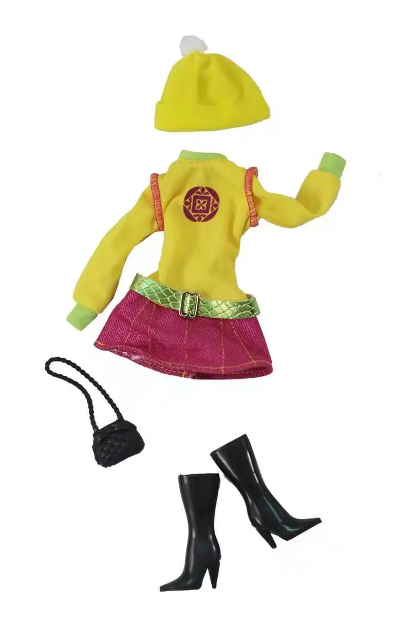 1/6 BJD Bonecas Acessórios Bonito Chapéu de Bolsa Botas de Manga Longa Vestido Amarelo para a Barbie a Roupa Casual Wear Roupas Sapatos Brinquedos