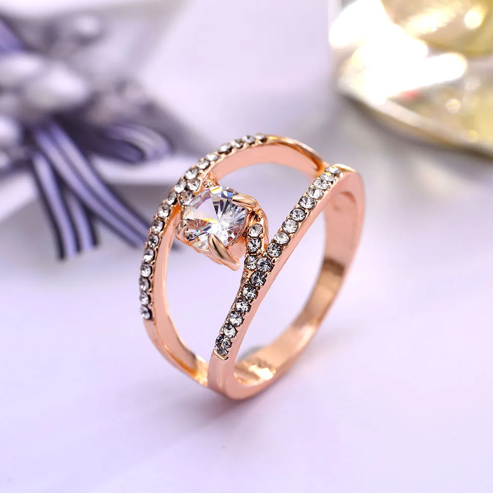 PT oca redonda fora de zirconia cúbico anéis de casamento feminino anel de noivado para as mulheres de ouro Rose Cor do Cristal Festa presente