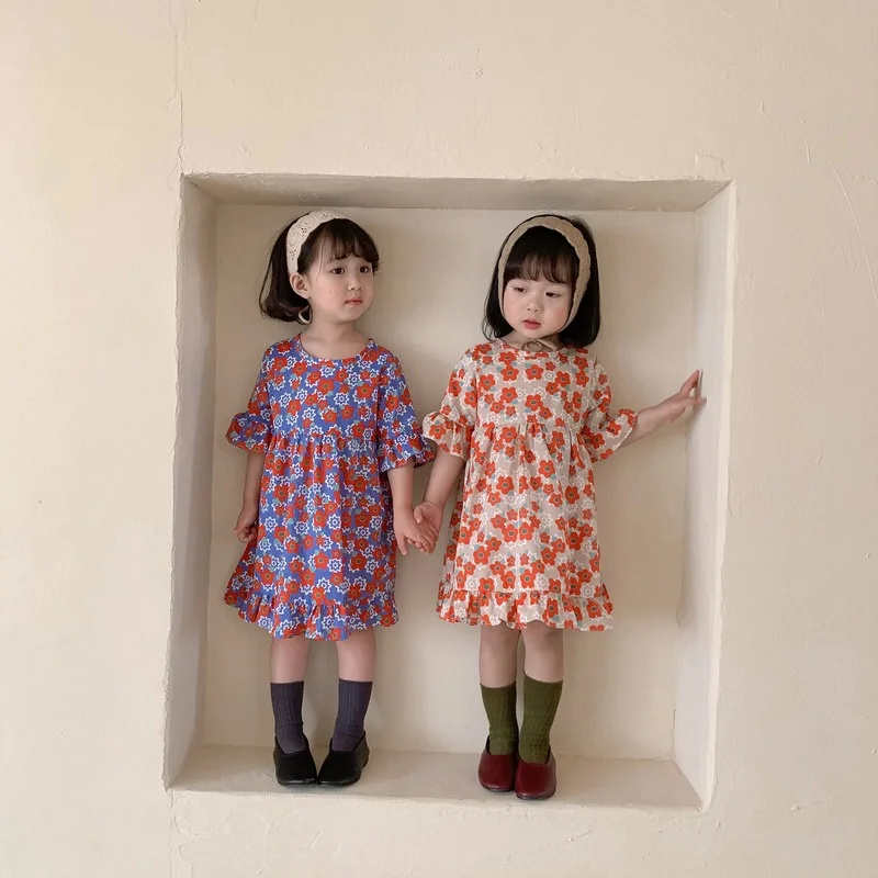 Estilo coreano de meninas bebê floral de manga curta princesa vestidos de algodão solto vestido casual