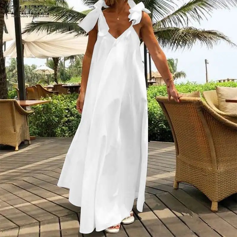 2021 ZANZEA Férias de Moda Sundress Boêmio de Verão Maxi Vestido das Mulheres Sexy Decote em V Correias Sólido Long Beach Vestidos Kaftan Manto
