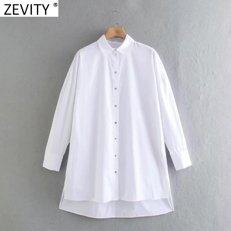 Zevity Novas Mulheres Simplesmente Peito Branco Poplin de Camisas de Senhora do Escritório Lado da Bainha de Divisão Irregular Blusa Roupas Chiques Camisa Tops LS9108