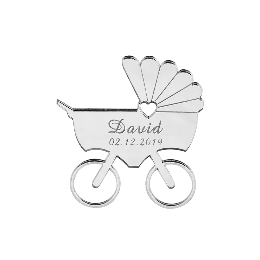 50 pcs Personalizado Gravado Espelho carrinho de Bebê Novo Nascimento Nasceu em Acrílico Dom de Decoração de chá de Bebê de Nome do Partido Cartão Etiquetas de Favores