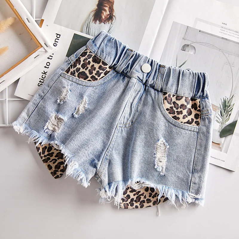 2-9T Leopard Shorts Jeans Para Meninas da Criança Criança do Bebê com Roupas de Moda Verão Buracos Borlas Shorts Jeans Elegante Irregular das Calças