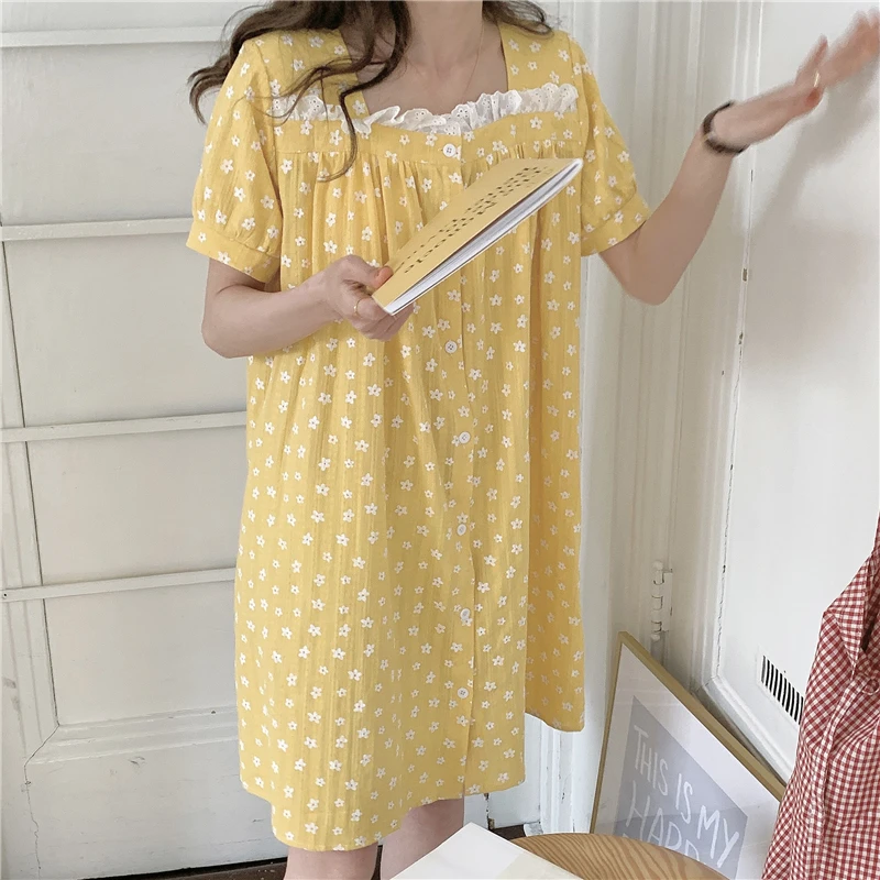 Verão as mulheres camisolas amarelas flores impressão de manga curta rendas único breasted cardigans vestido de homewear nightdress Y688