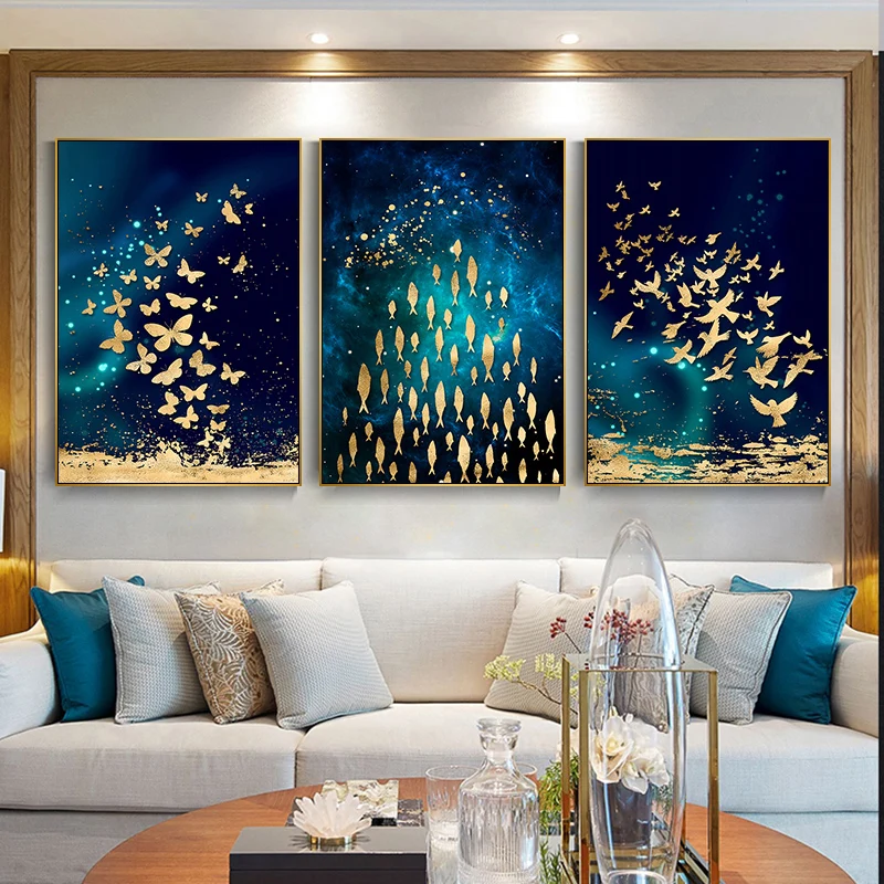 DDHH Abstrato Azul Céu Estrelado de Ouro, Folha de Ouro de Peixes Escola Pássaro Borboleta Lona de Arte Casa de Estilo de Impressão Decoração Cartaz