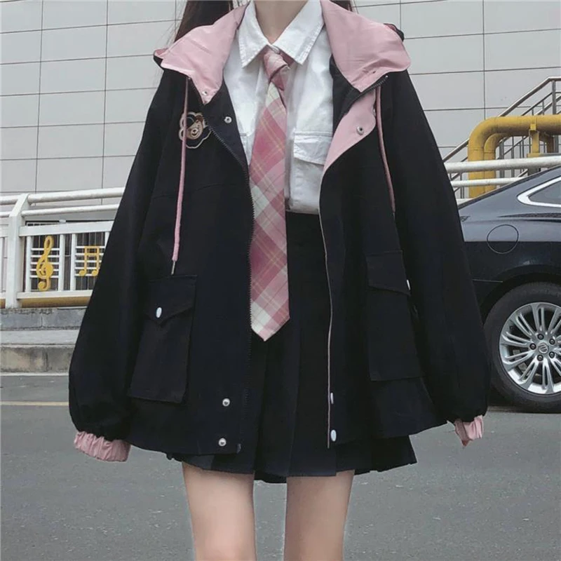 MRWILK 2021 Japonesas Kawaii Zíper cor-de-Rosa Mulher Jaqueta coreano de Correspondência de Cores de Roupas de Inverno Solta Bonito Feminino Tops Coat
