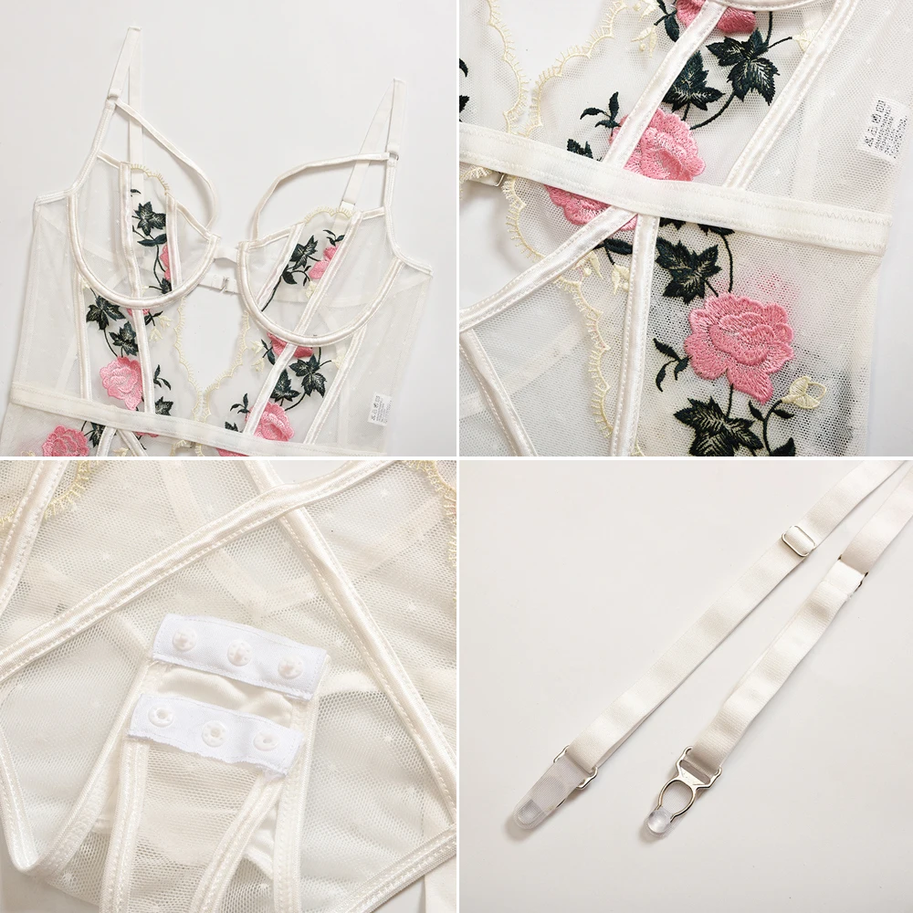 NHKDSASA de Lingerie Sexy Para Mulheres de Renda Bodysuits Bordado Floral Cintas Cueca Traje Branco Ocos Macacão de Romper 2021