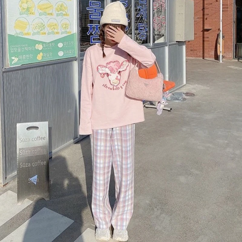 Casual Calças para Mulheres Bonito Japonês Doce Lindo Kawaii Alta-cintura-de-Rosa Elástico Reta Xadrez Ins Solta Primavera, Outono Streetwear