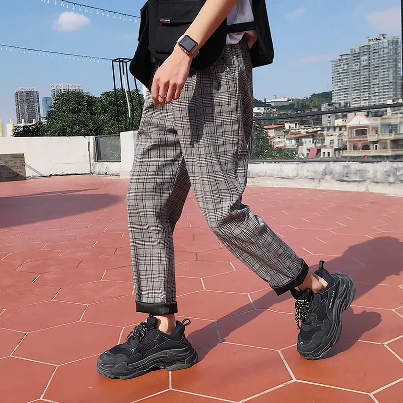 Streetwear Preto Em Xadrez, Calças De Homens Corredores De 2021 Mens Reta Calças De Harém De Homens Coreano De Hip Hop Calças Plus Size