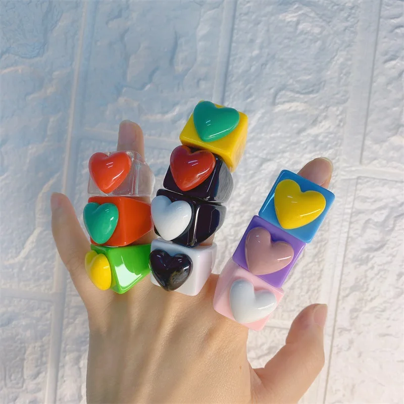 Moda Bonito Colorido Coração De Resina Acrílica Anéis De Dedo Para As Mulheres Harajuku Artesanal Transparente Anéis De Encantos Jóias Amizade