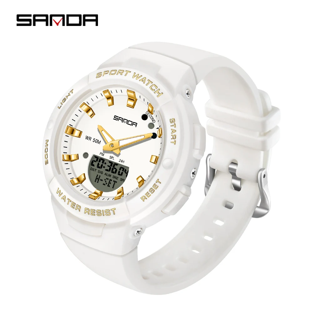 SANDA Nova Moda de Luxo Mulheres Relógios de Desporto Impermeável, de Militares, de Senhoras de Branco Led Digital de Quartzo Relógios de pulso Feminino Relógio 6005