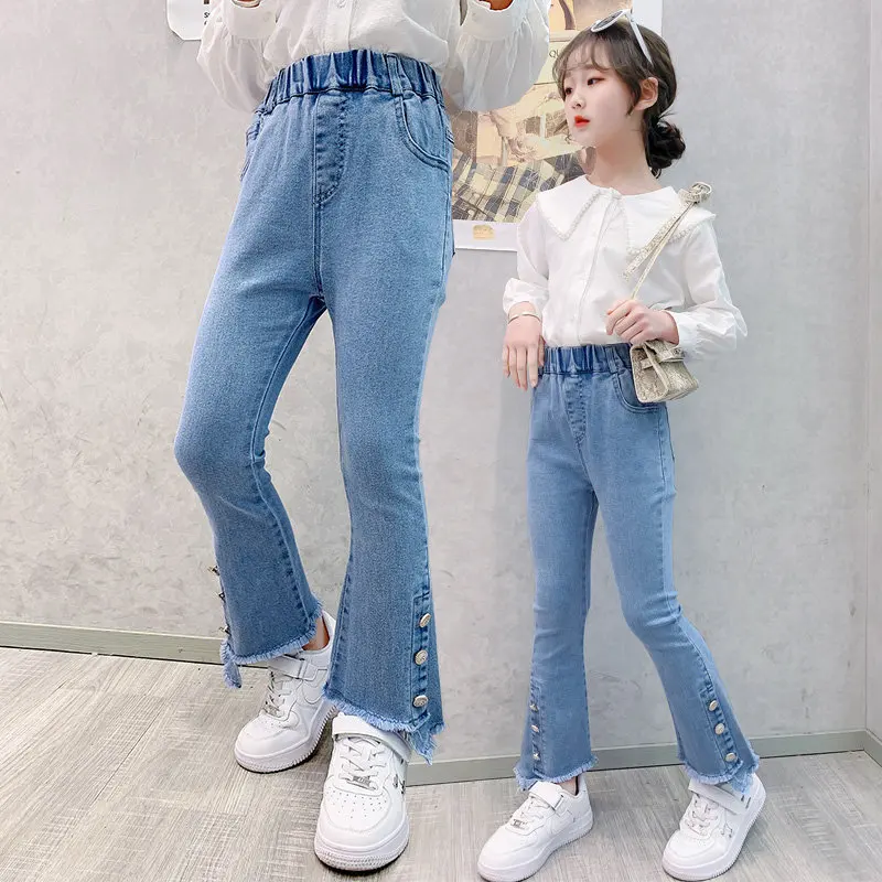 2021 Moda Jeans Flare Para Meninas Da Criança Bebê Primavera Roupas De Cintura Alta Jeans Stretch Calça Elegante Crianças Populares Calças Slim